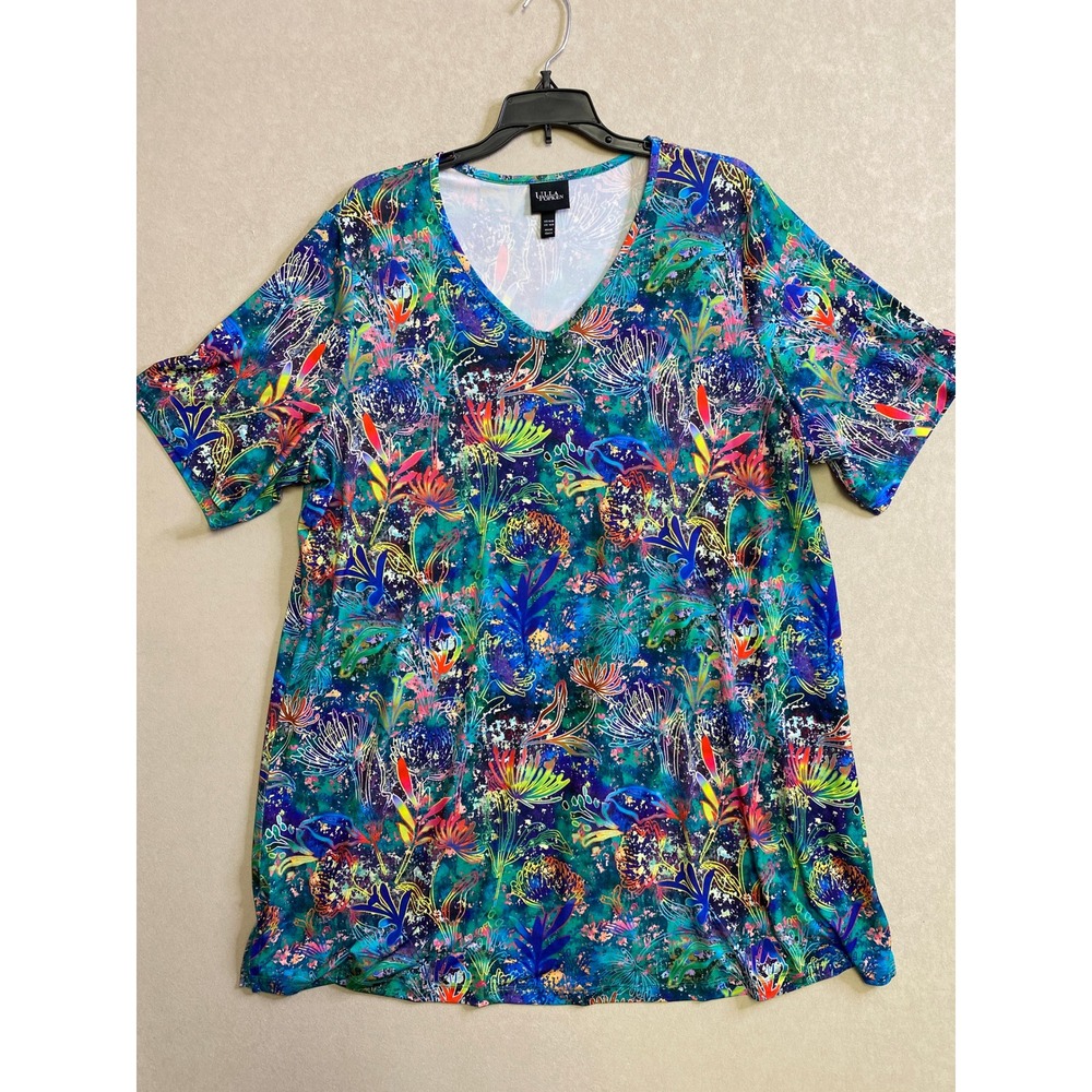 Ulla Popken Womens Teal Multi Abstract Floral V-Neck Short Sleeve Top 16/18